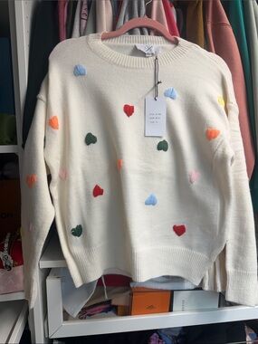 Gucci Cream Heart-Appliqué Crewneck Sweater with Multicolor Hearts